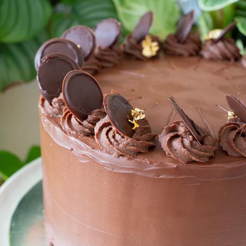 A close up of the top of a prinzregententorte cake with chocolate buttercream rosettes, chocolate discs and gold leaf flakes, in front of plants