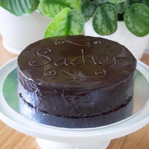 A glossy sachertorte on a white cake stand in front of pot plants, seen from the front.