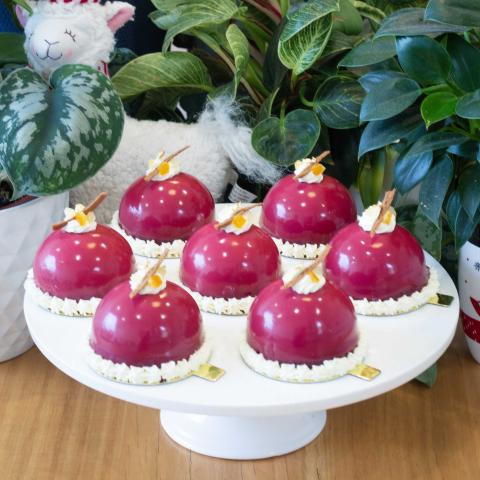 seven plum coloured petit gateaux decorated with white cream, gingerbread and mixed peel on a white cake stand in front of plants