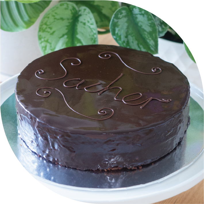 a shiny sachertorte cake on a white cake stand in front of plants